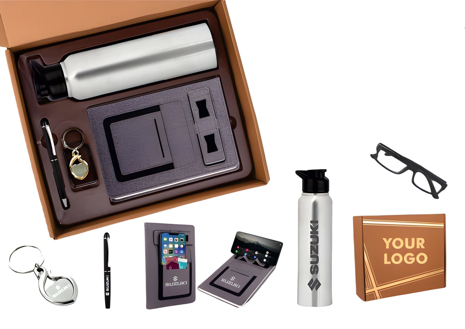 4 in 1 Gray Set: Metal Keychain, Ss Natural Bottle, Metal Pen And 4 in 1 Notebook