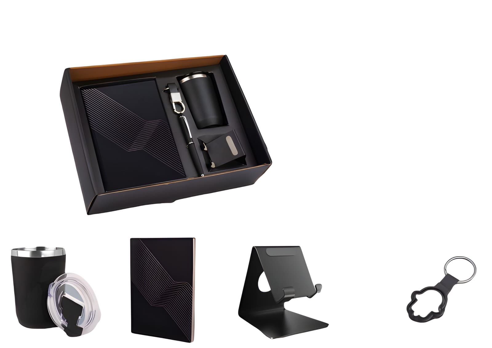 5 in 1 Set: Foggy SS Coffee Mug, Metal Pen, Metal Mobile Stand, A5 Notebook And Keychain