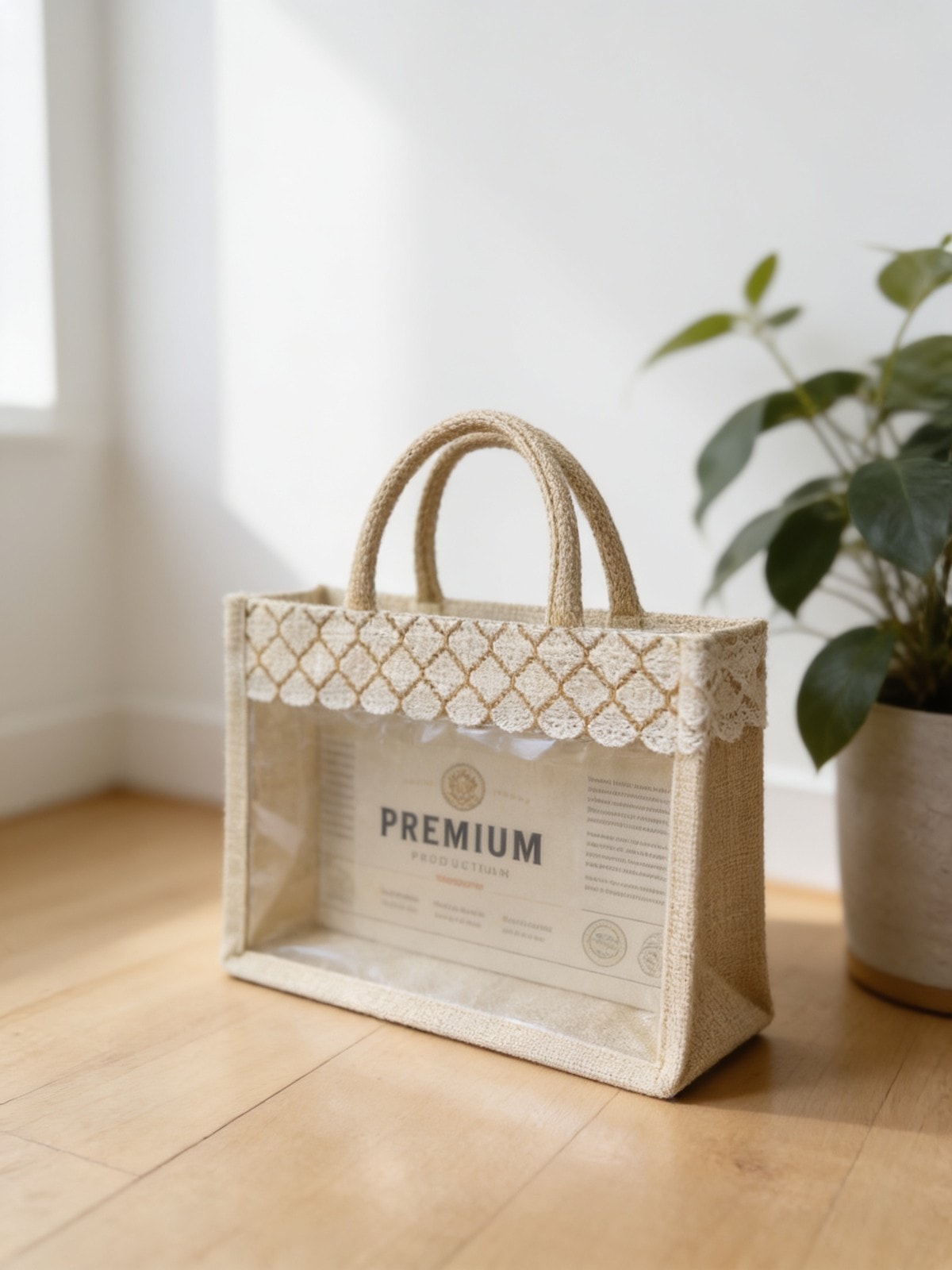 Premium Jute Bag (Lace Trim, PVC Window) — corporate gift with your logo | ZYFTT