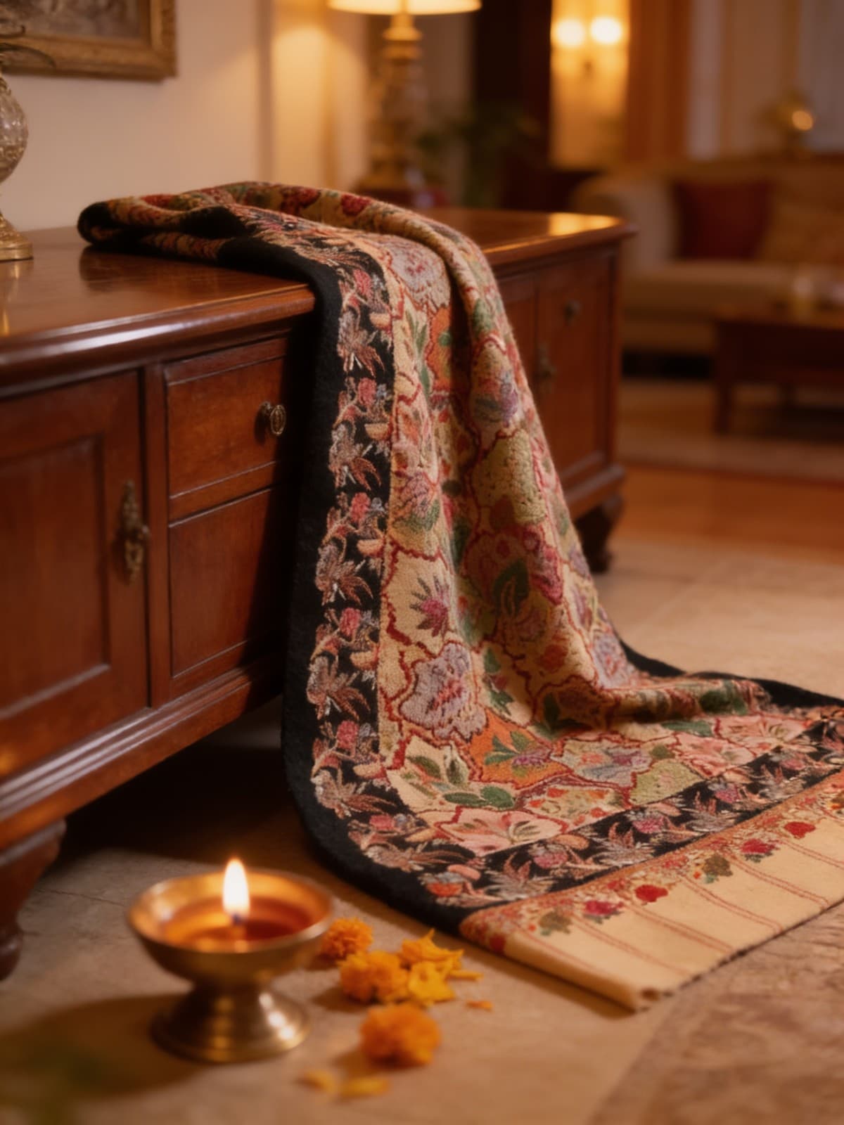 Women’s 100% Pure Wool Fabric Kalamkari Embroidered Shaw Wrap Kashmiri Pashmina