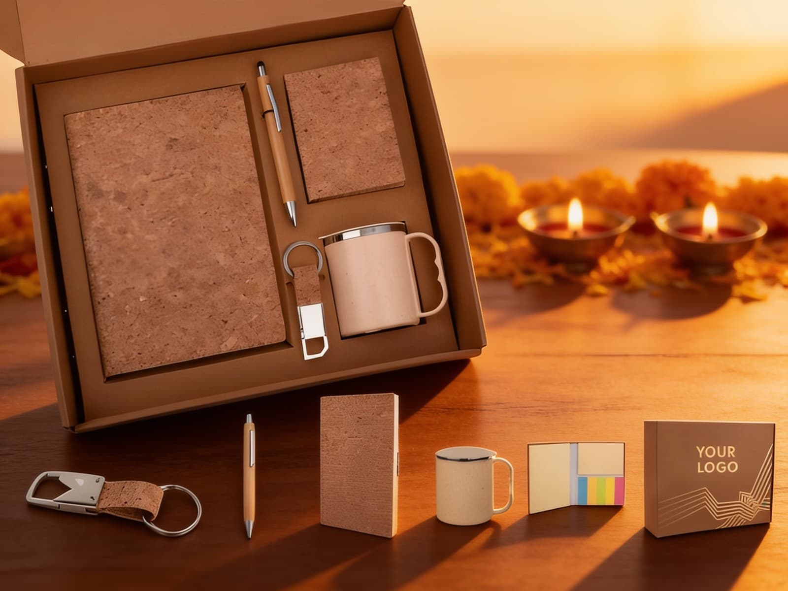 Eco Set 2: Set Of A5 Cork Notebook, Eco Steel Mug, Bamboo Pen, Cork Keychain & Cork Sticky Notepad In Kraft Gift Box