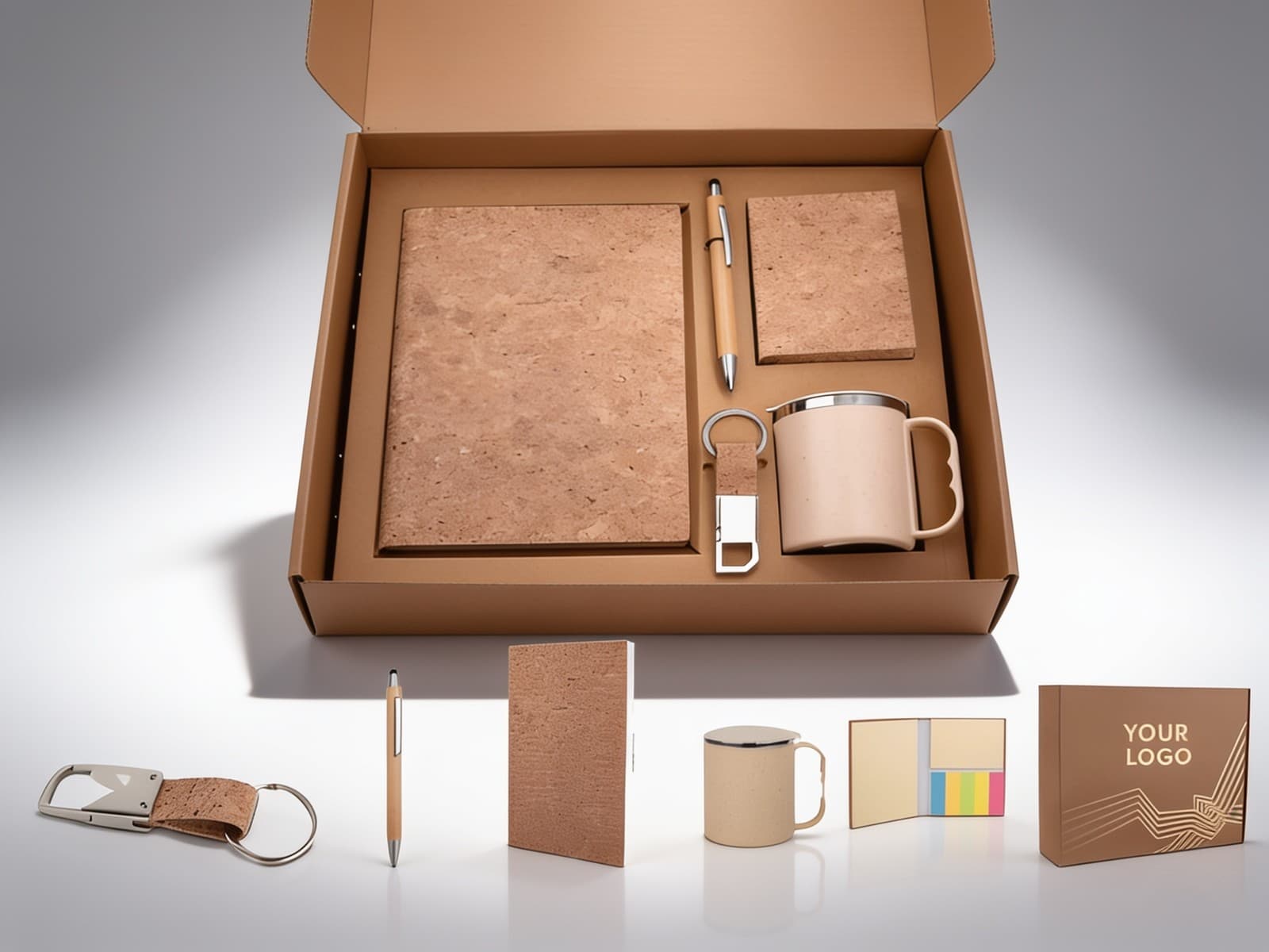 Eco Set 2: Set Of A5 Cork Notebook, Eco Steel Mug, Bamboo Pen, Cork Keychain & Cork Sticky Notepad In Kraft Gift Box alternate