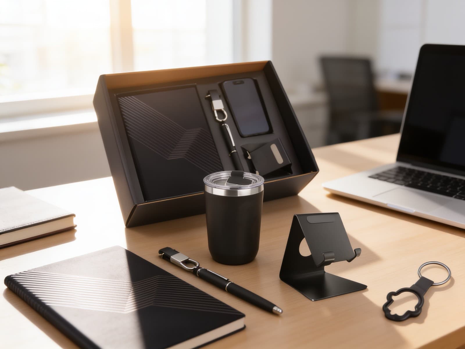 5 in 1 Set: Foggy SS Coffee Mug, Metal Pen, Metal Mobile Stand, A5 Notebook And Keychain