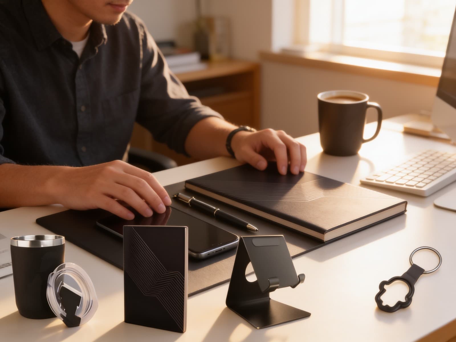 5 in 1 Set: Foggy SS Coffee Mug, Metal Pen, Metal Mobile Stand, A5 Notebook And Keychain alternate