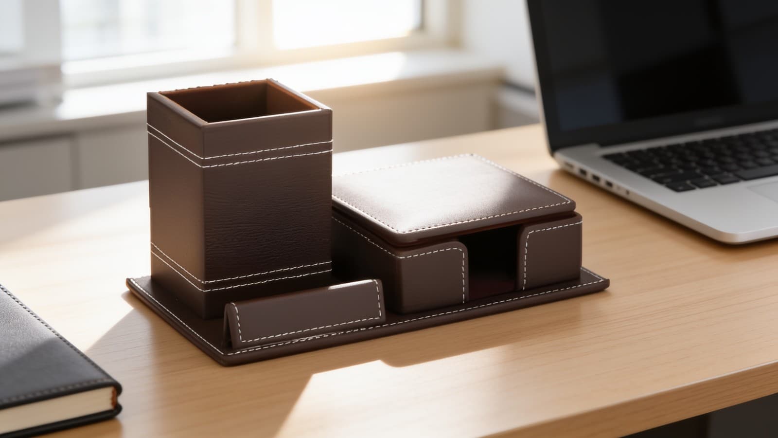 OG 5 Brown PU leather finish Pen Stand Desktop Organizer