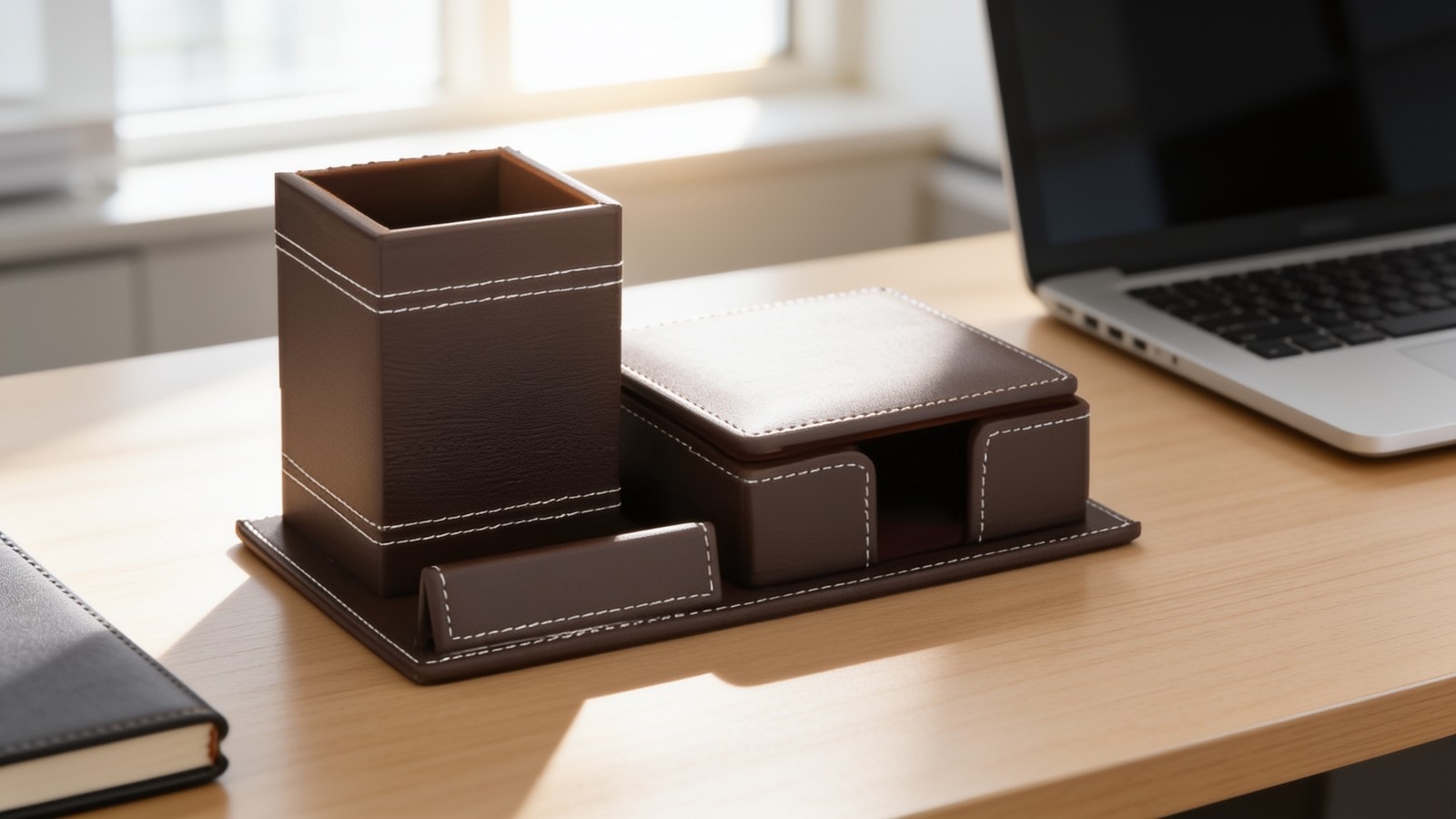 OG 5 Brown PU leather finish Pen Stand Desktop Organizer — corporate gift with your logo | ZYFTT
