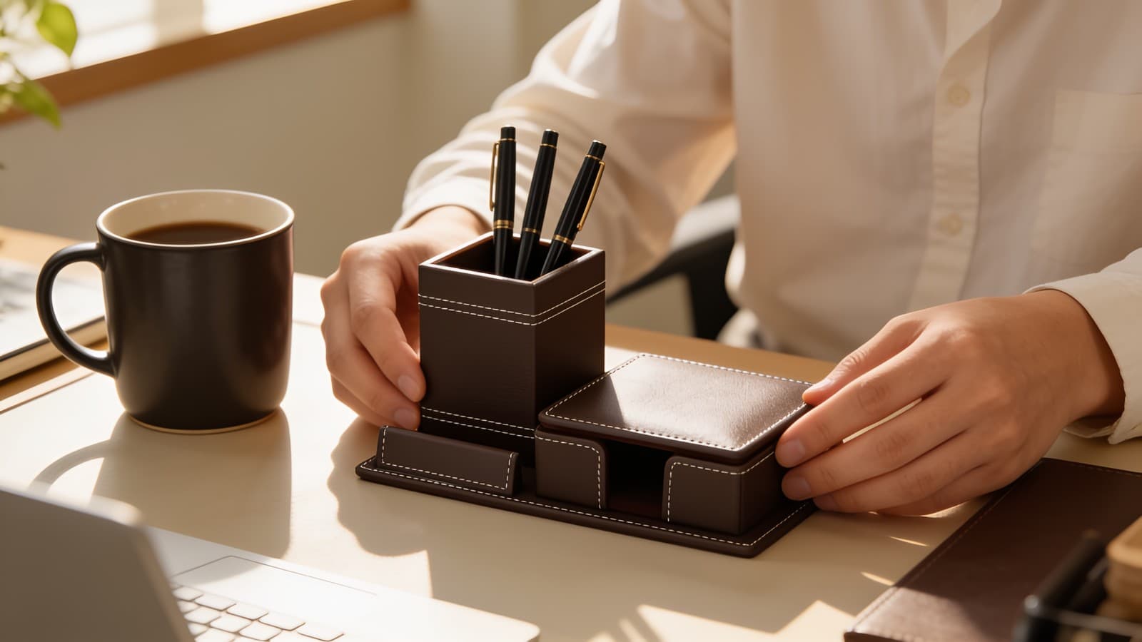 OG 5 Brown PU leather finish Pen Stand Desktop Organizer alternate