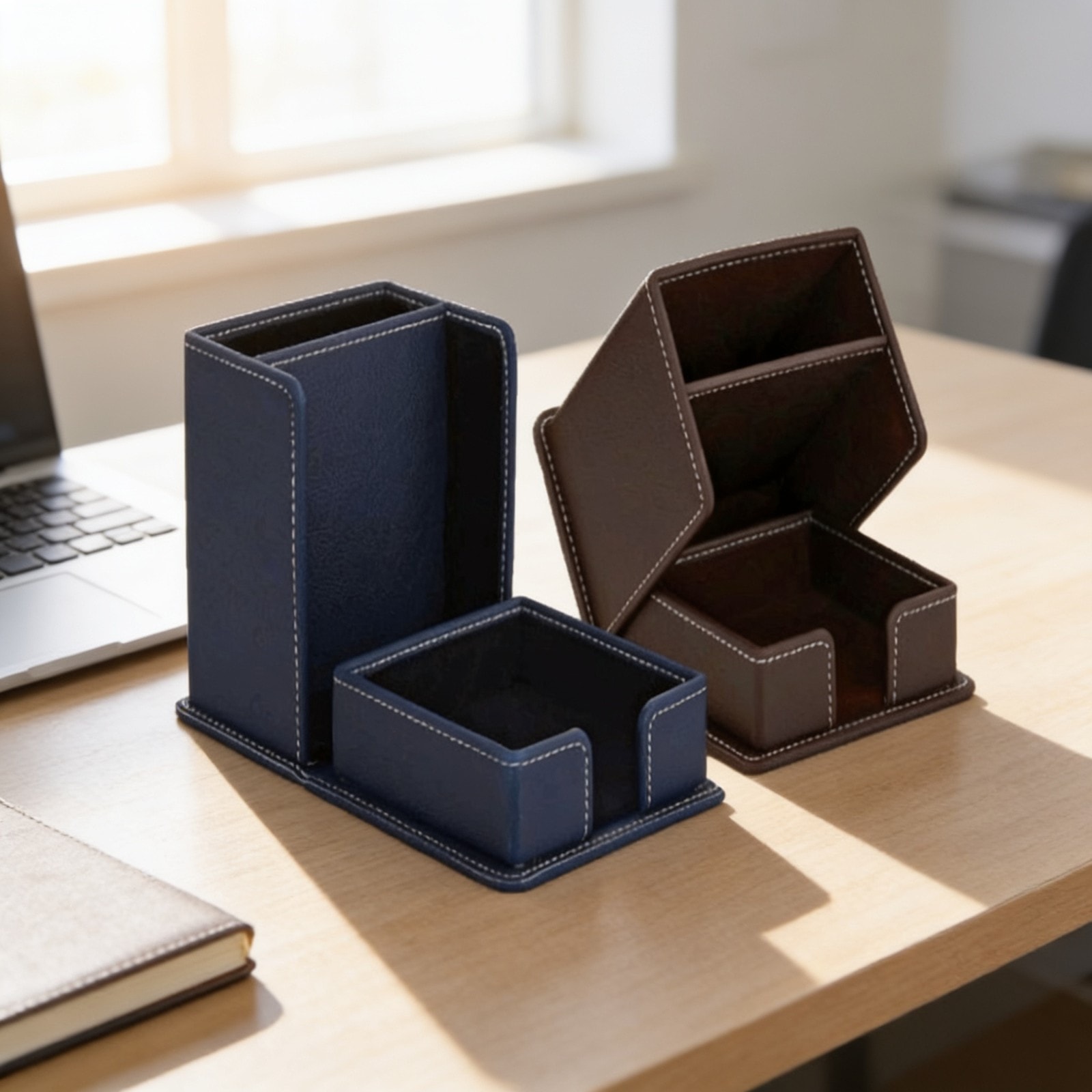 OG 3 Brown I OG 4 Blue PU leather finish Pen Stand Desktop Organizer — corporate gift with your logo | ZYFTT