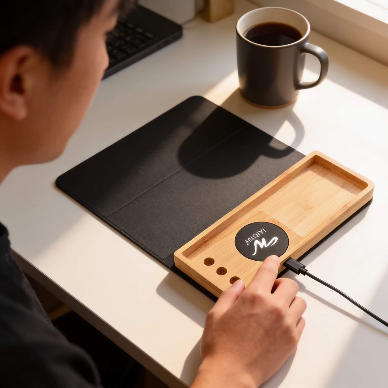 Bamboo Mat Multi-Utility Wireless Charger With Mouse Pad alternate