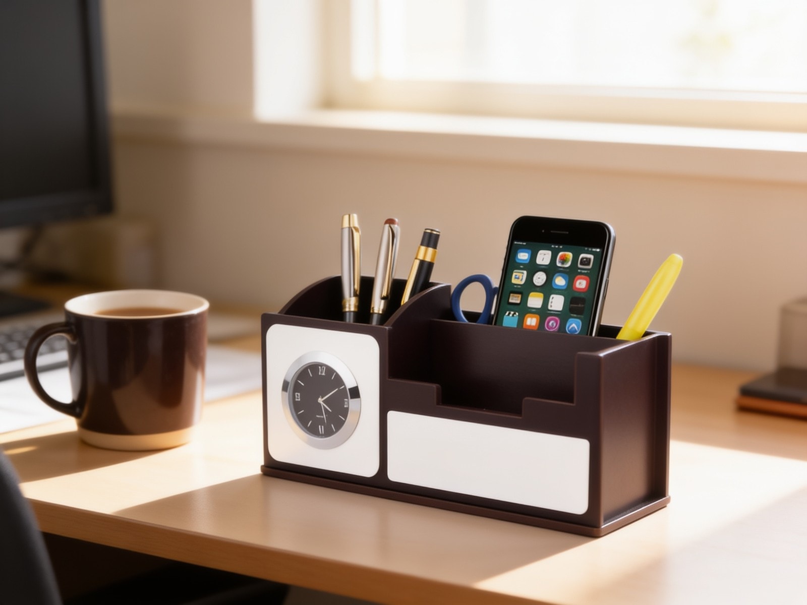 Wooden Table Top With Clock, Mobile Stand — corporate gift with your logo | ZYFTT