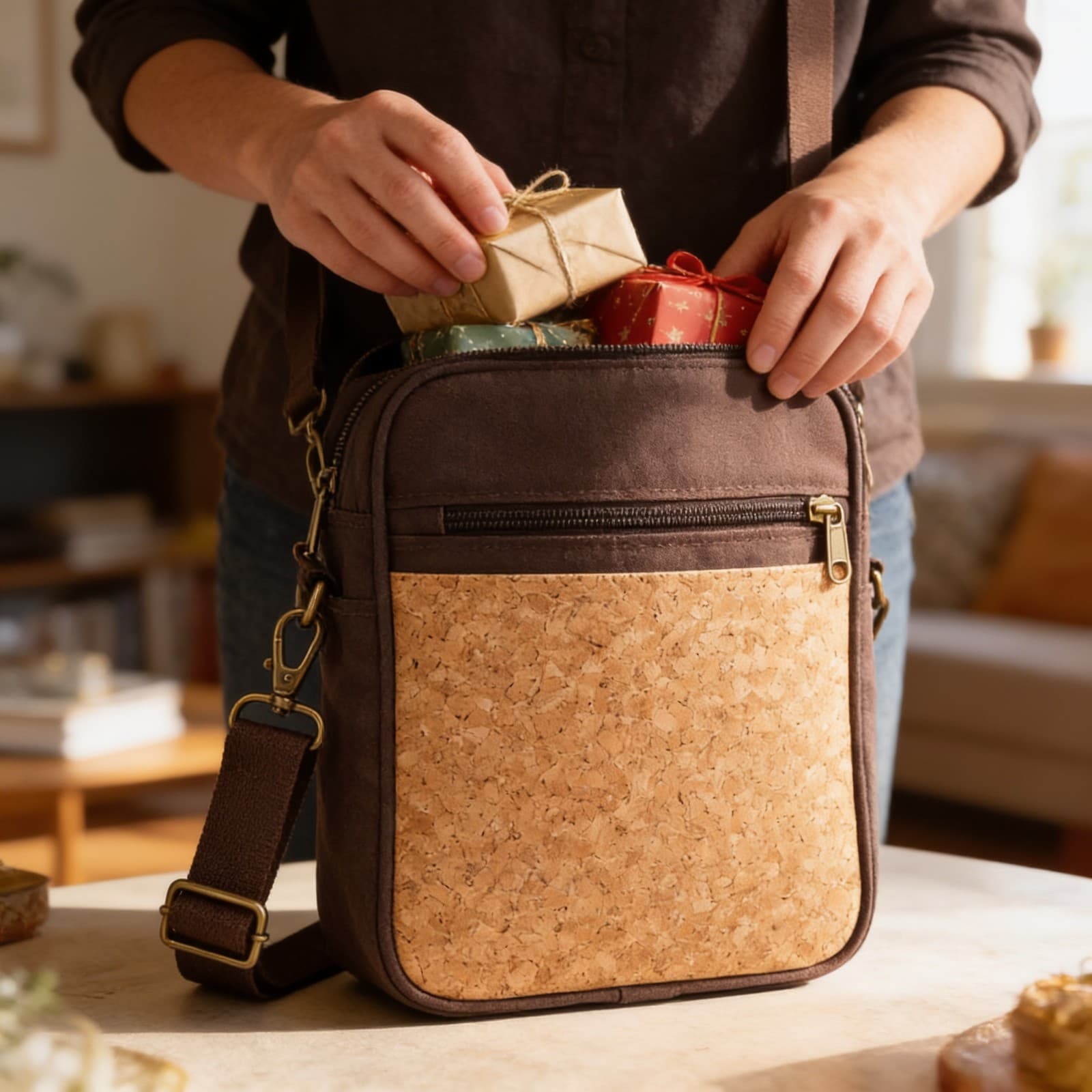 Eco-Friendly Cork Sling Messenger Bag With 2 Tone Finish alternate